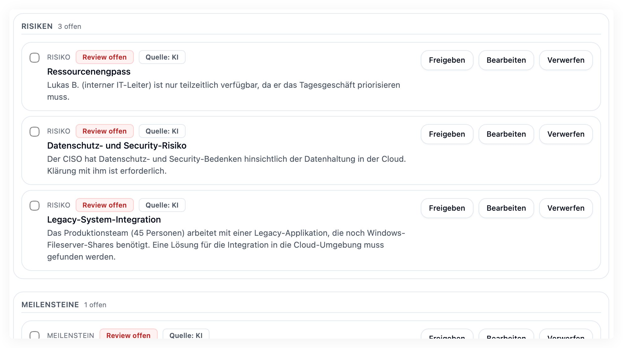 PlanGuide Review Center — Review-Prinzip für AI-Vorschläge
